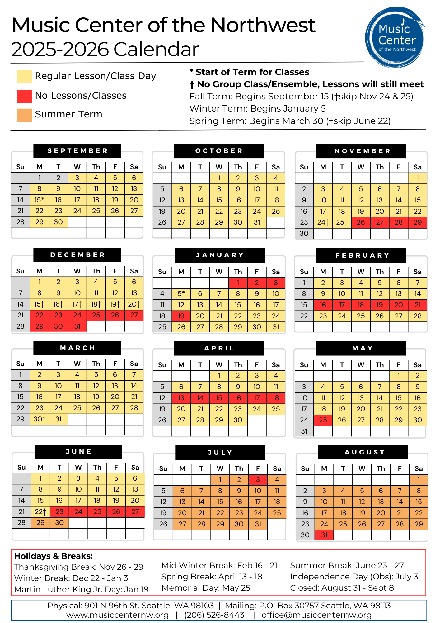 Lesson & Class Calendar — Music Center of the Northwest